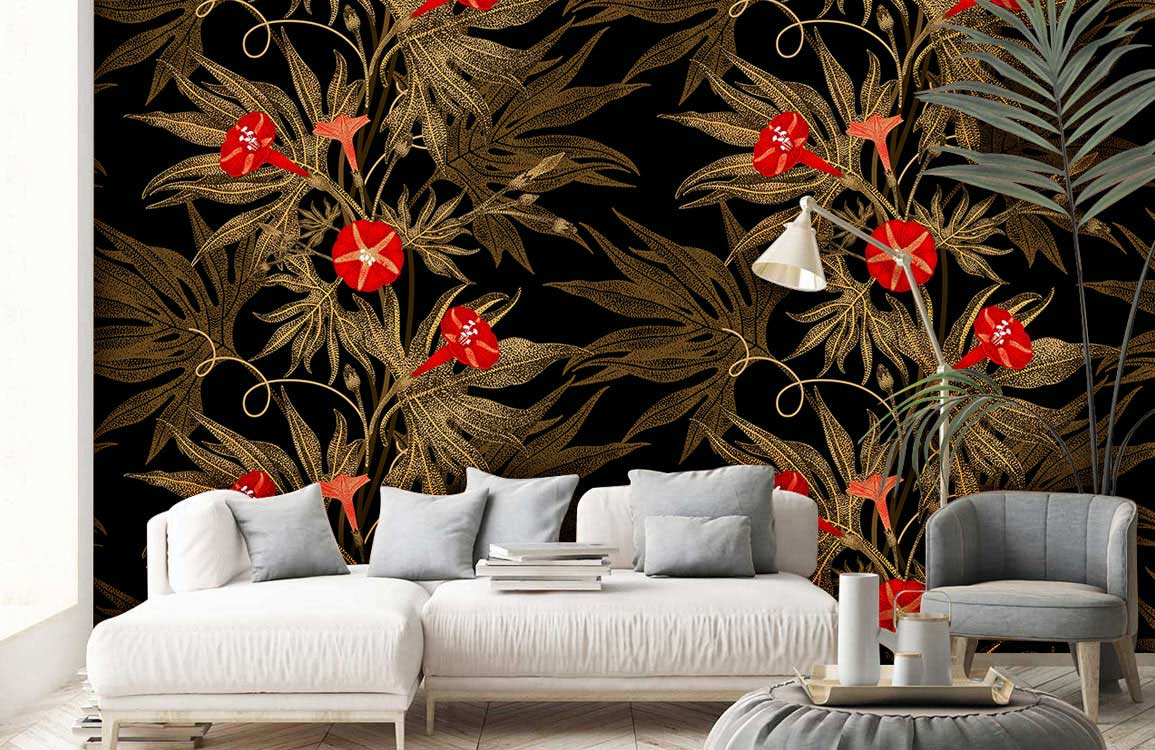 golden leaves and red flower vintage wallpaper for room