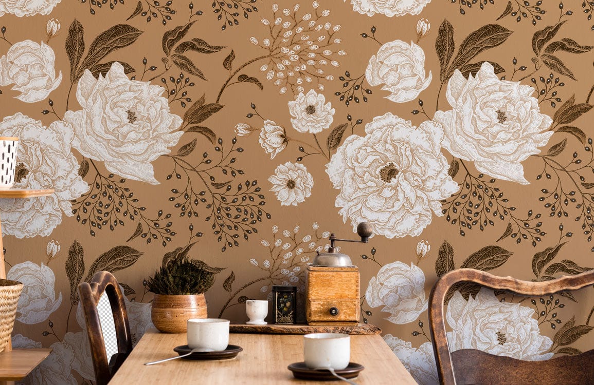 Vintage floral wallpaper with cream roses, warm brown, vintage dining table, wooden chairs, rustic style.