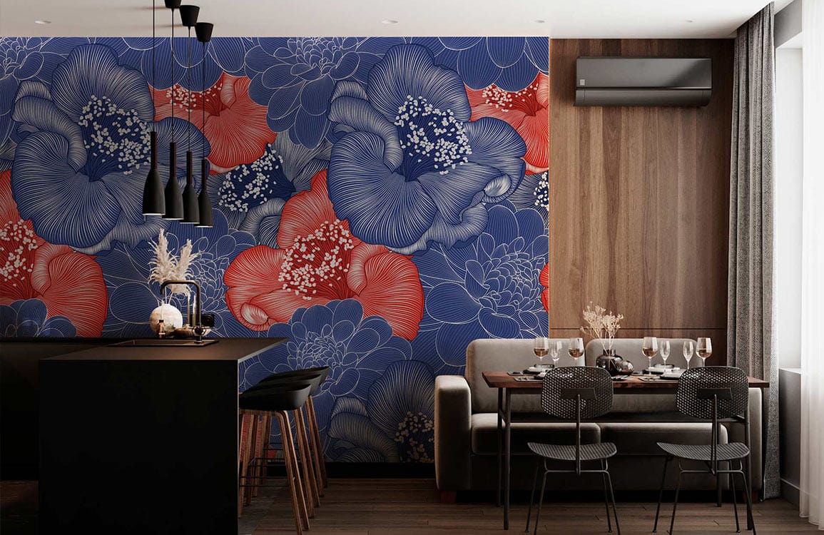 Elegant Floral Wallpaper in dining room, featuring blue and coral design, dark wood floor, modern decor.