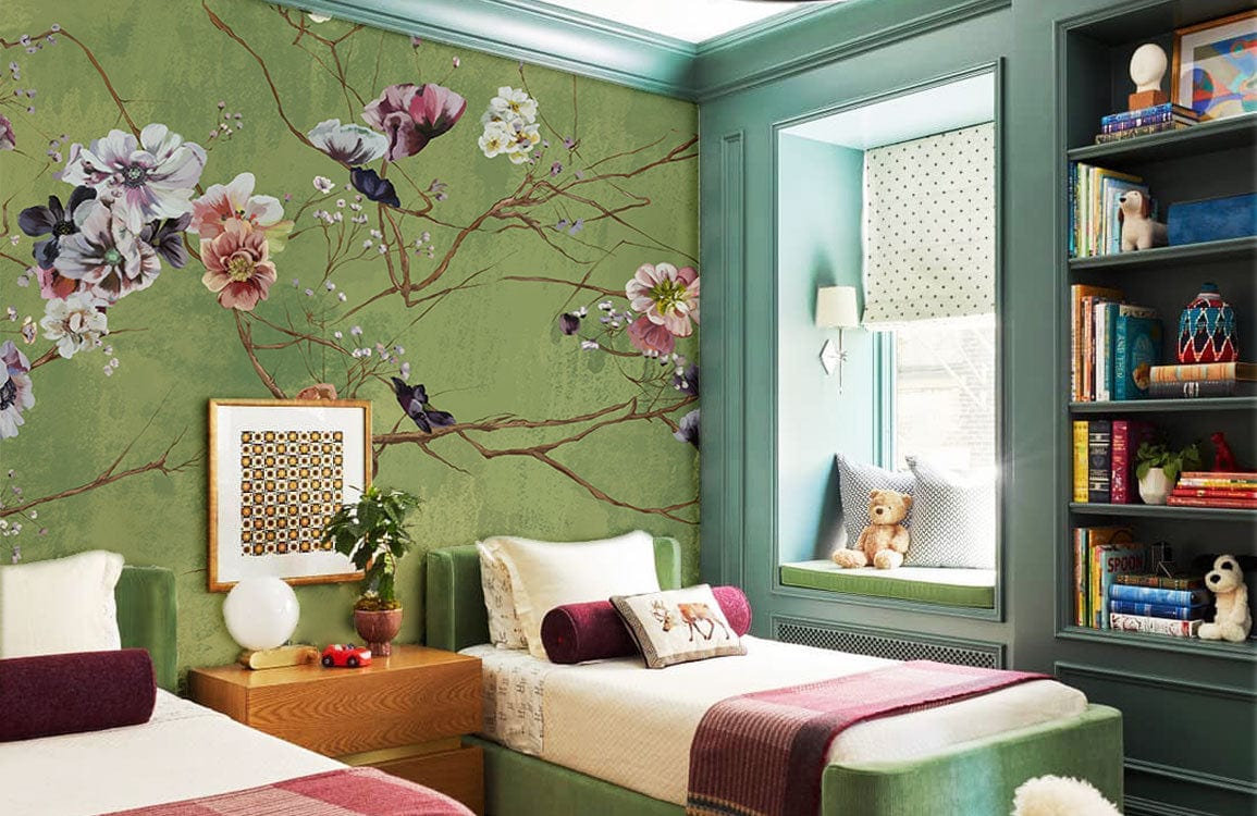 Elegant green floral mural wallpaper in children's room with vintage double bed design, cosy reading nook.