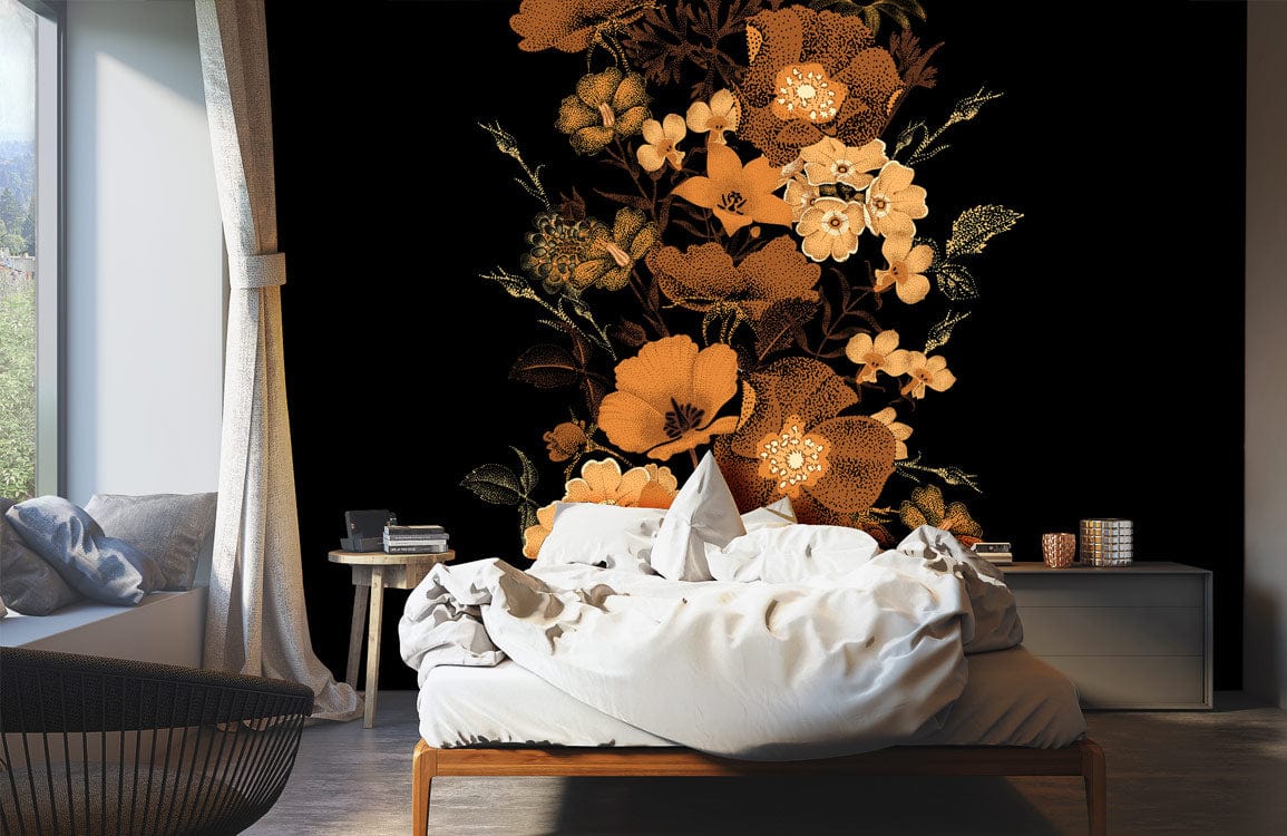 Luxurious bedroom with Elegant Golden Floral Pattern Wallpaper, cosy bed, light curtains, and wooden flooring.