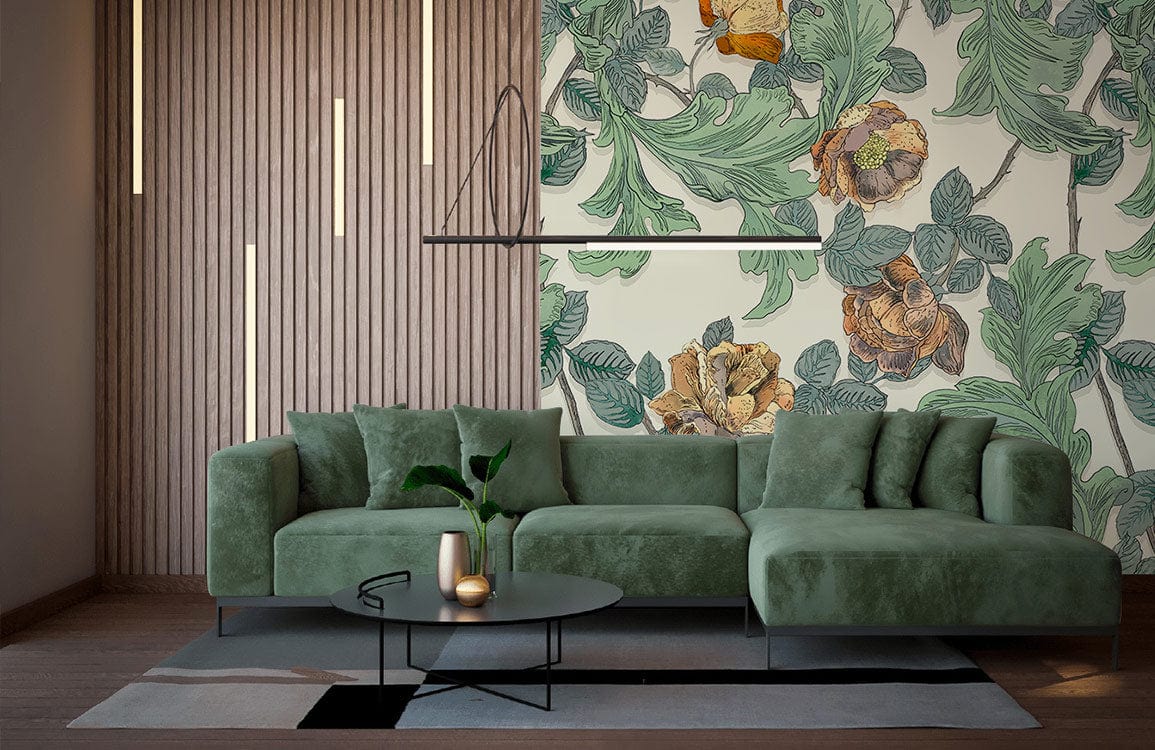Vintage botanical mural wallpaper; green and ochre tones, cosy green sofa, chic living room design.