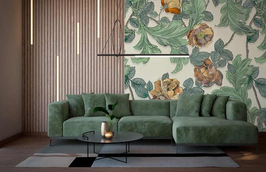 Vintage botanical mural wallpaper; green and ochre tones, cosy green sofa, chic living room design.