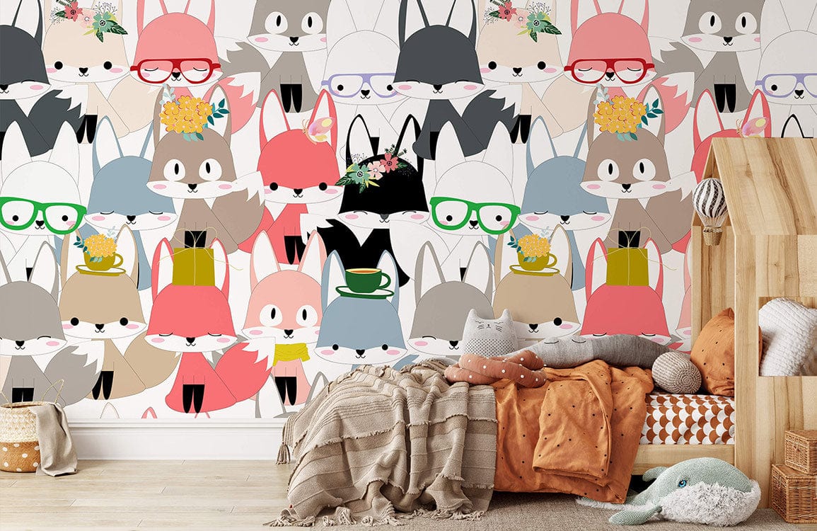 Whimsical multicolour fox wallpaper mural in child's room with wooden furniture, cosy throws, and cushions.