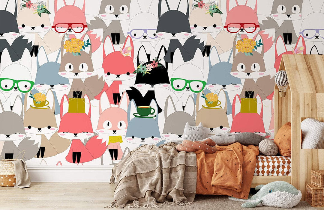 Whimsical multicolour fox wallpaper mural in child's room with wooden furniture, cosy throws, and cushions.