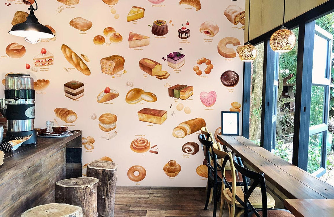 Artisan Bakery Treats Wallpaper in rustic café with wooden furniture and large windows, enhancing interiors.