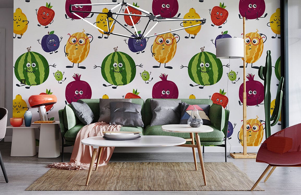 Playful Cartoon Fruit Pattern Wallpaper in vibrant kids room with green sofa, colourful decor, modern style.