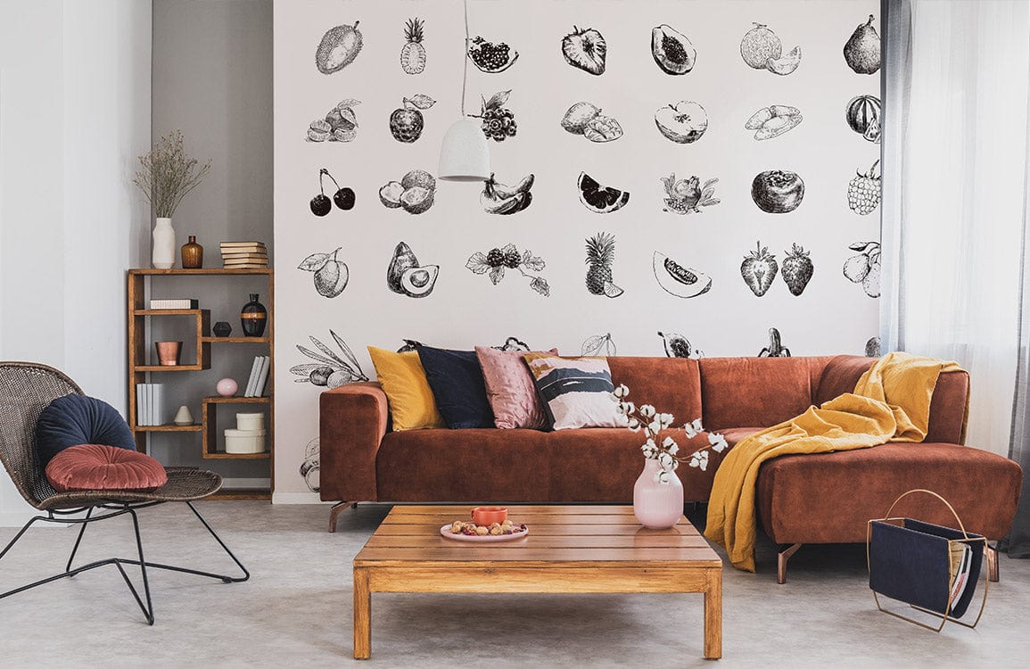 Monochrome Vintage Fruit Sketch Pattern Wallpaper for Classic Interiors