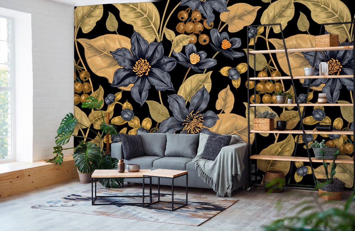 Elegant black and gold floral wallpaper in stylish living room with grey sofa and wooden flooring.