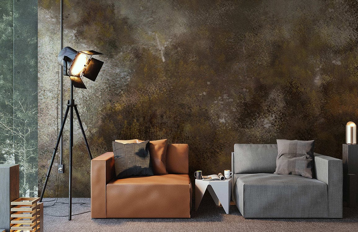 Earthy Abstract Wallpaper in neutrals, brown leather sofa, grey fabric sofa, floor lamp, modern living room.