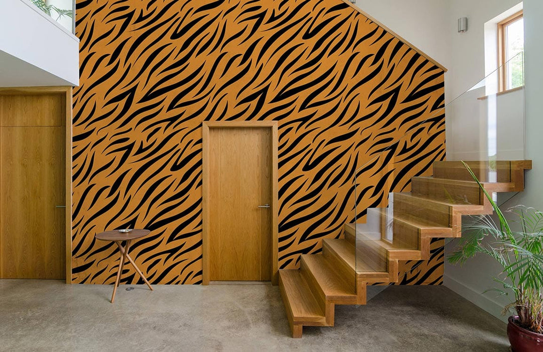 Exotic Tiger Print Wallpaper in orange and black with wooden staircase, modern hallway decor.
