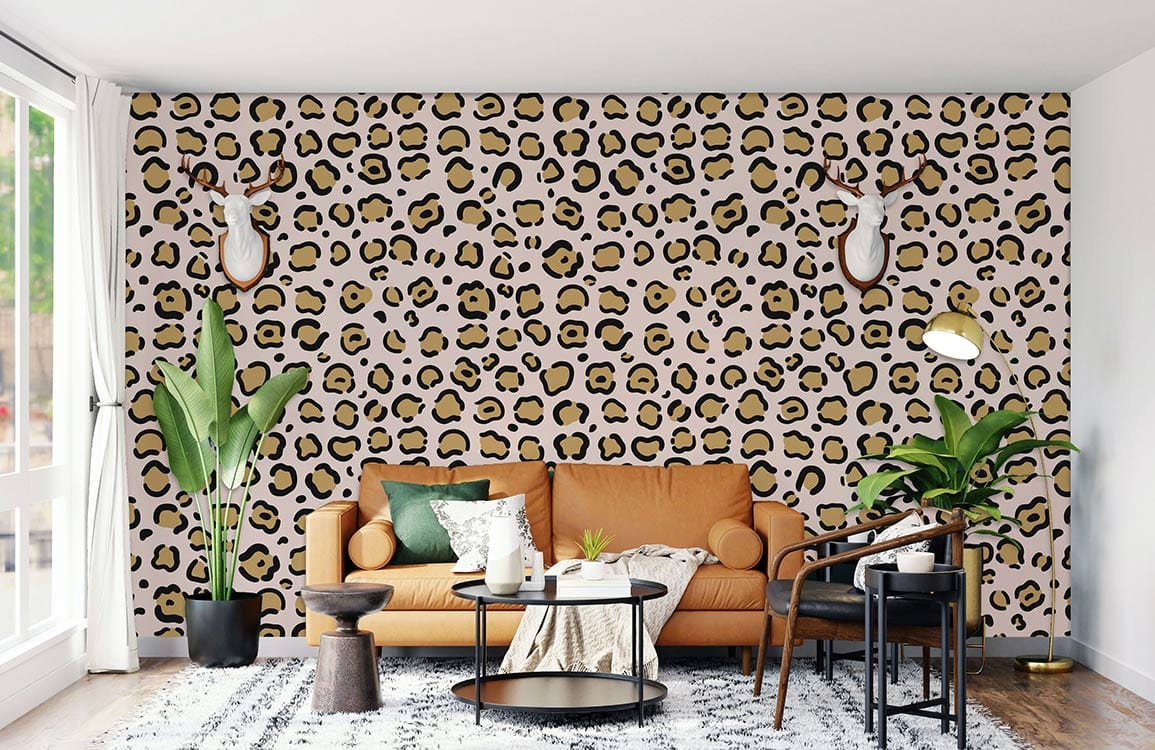 Chic Leopard Print Wallpaper in living room with beige wallpaper, brown sofa, and patterned rug.