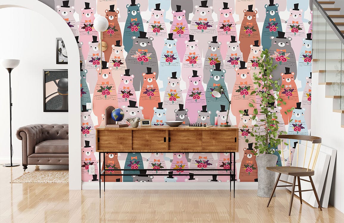Charming Bears wallpaper in pastel nursery with brown sofa, wooden console, and light wood flooring.
