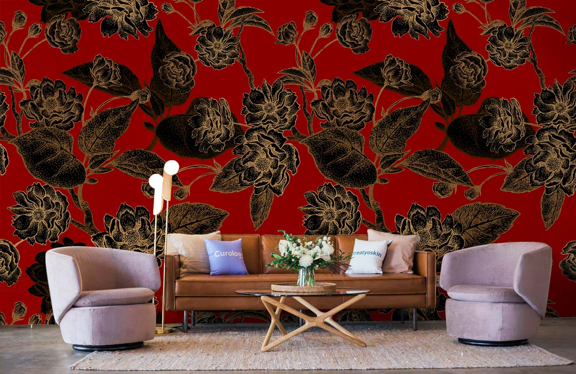 Luxurious Red and Gold Floral Vintage Wallpaper, brown leather sofa, modern chairs, floor lamp, rug.