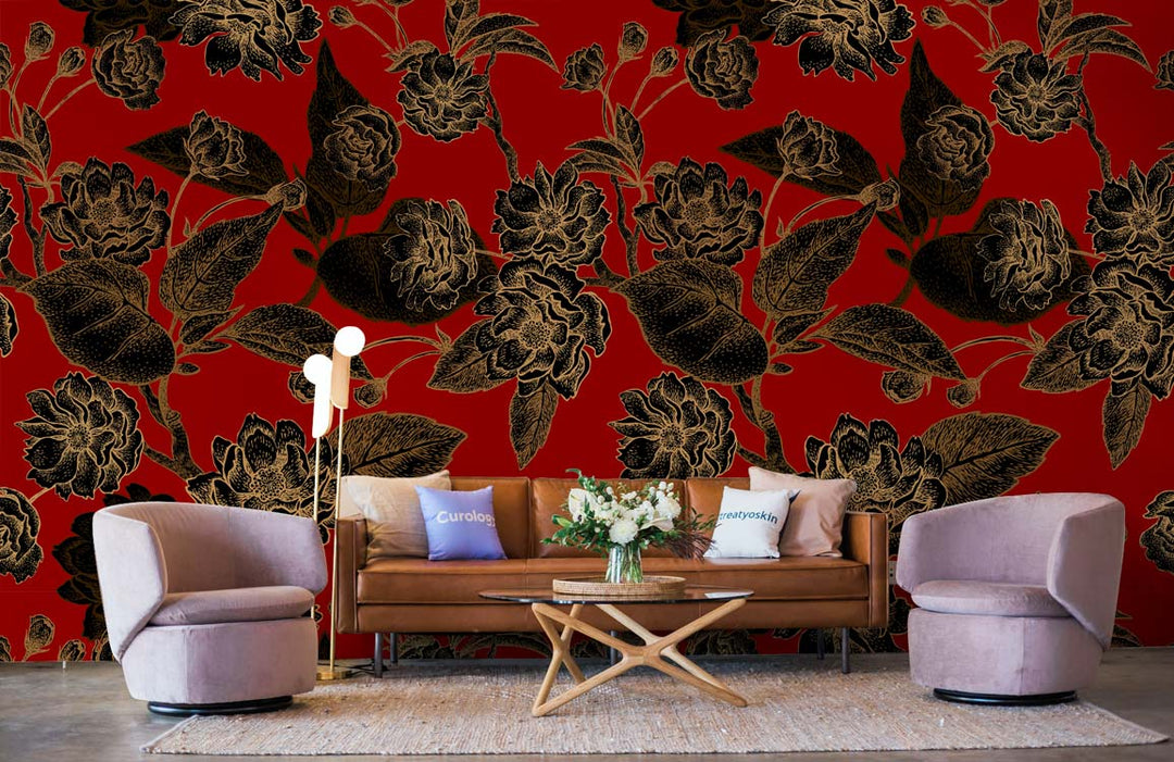 Luxurious Red and Gold Floral Vintage Wallpaper, brown leather sofa, modern chairs, floor lamp, rug.