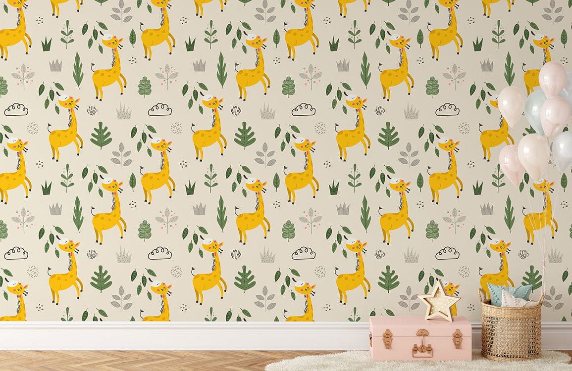 Playful Giraffe Safari Nursery Wallpaper in whimsical yellow woodland design with wooden floor in nursery.