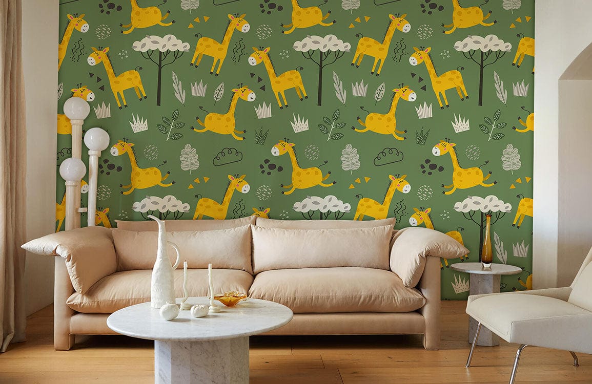 Playful green safari giraffe wallpaper, beige sofa, marble coffee table, wood flooring, children's room decor.