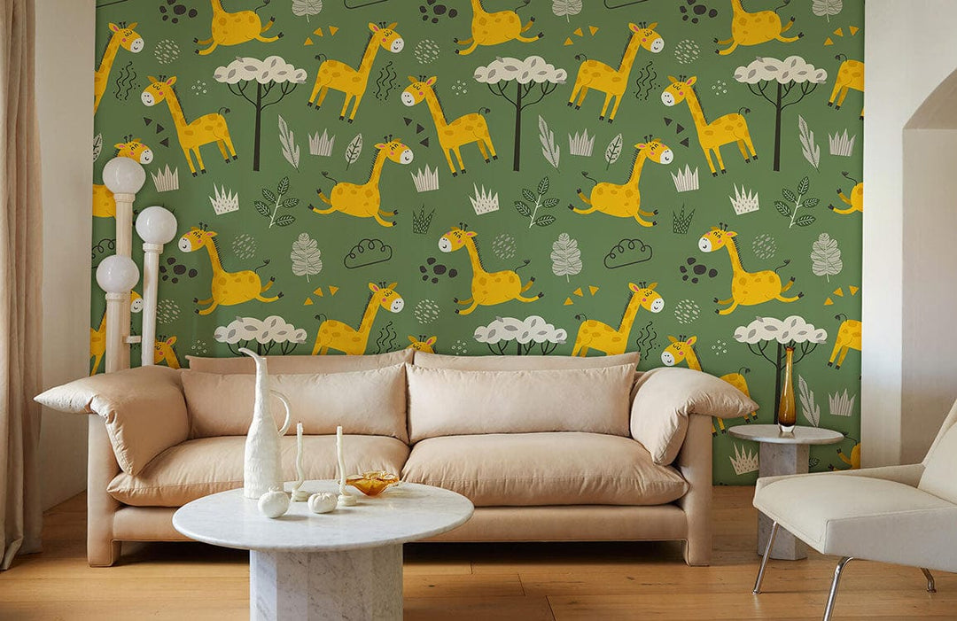 Playful green safari giraffe wallpaper, beige sofa, marble coffee table, wood flooring, children's room decor.