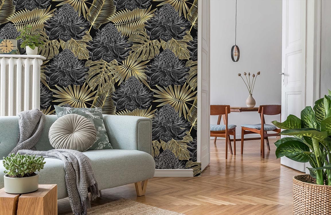 Luxurious black gold floral tropical wallpaper in chic living room with grey sofa, wooden floor.