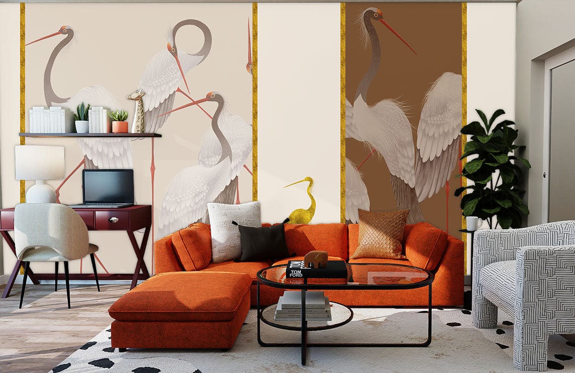 Elegant Crane Mural Wallpaper, earthy tones, red sofa, patterned rug, living room, modern decor.
