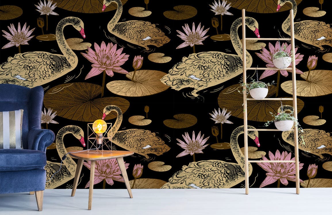 Elegant Black and Gold Swan Lily Pond Mural, blue velvet sofa, wooden shelf, living room design.