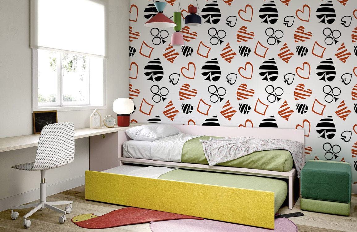 Colourful bedroom with Playful Hearts and Stripes Pattern Wallpaper, wooden floor, daybed, and modern decor.