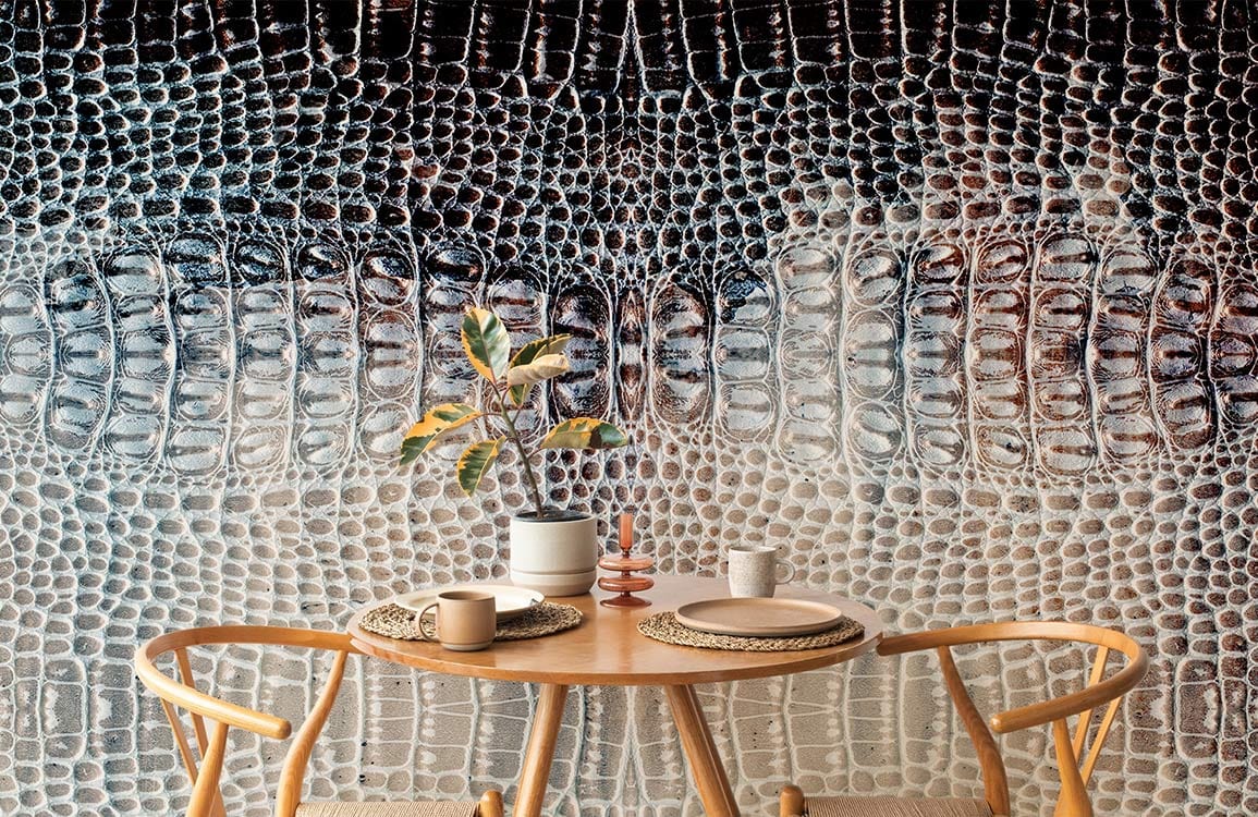 Elegant Grey Crocodile Skin Pattern Wallpaper in dining room with wooden chairs and table decor.