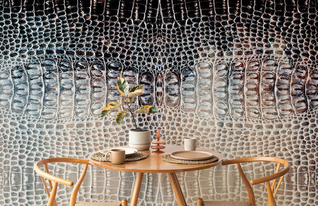 Elegant Grey Crocodile Skin Pattern Wallpaper in dining room with wooden chairs and table decor.