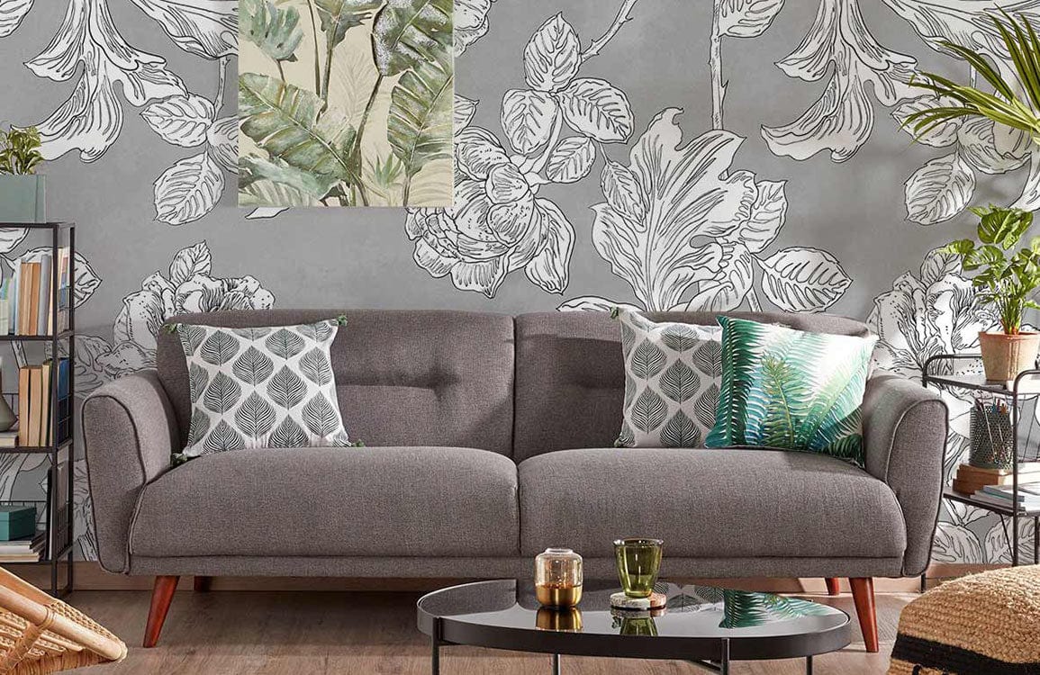 custom wallpaper mural for living room, a design of gray sketch flowers