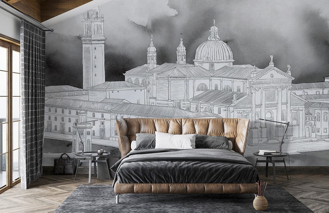 custom wallpaper mural for bedroom, a design of gray sketch palace painting