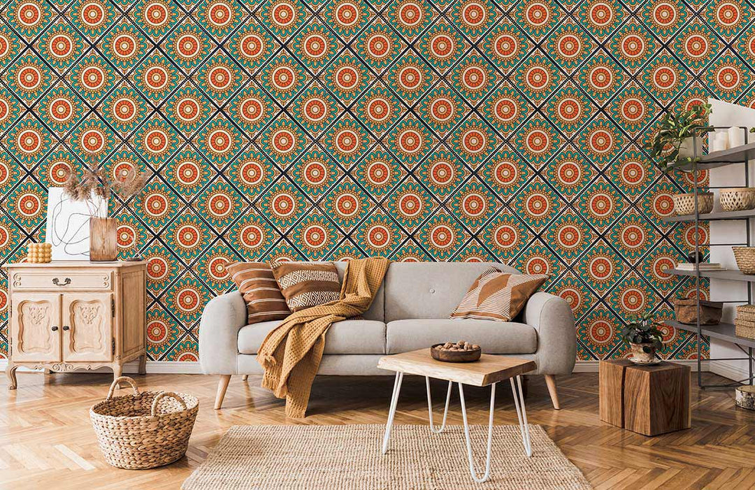 Vibrant geometric Moroccan-style wallpaper with grey sofa, wooden furniture, and rug in cosy living room.