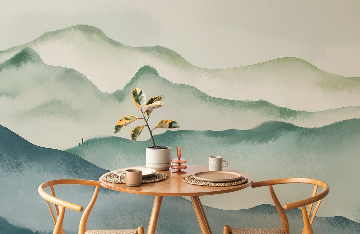 green watercolor mountain dining room decor