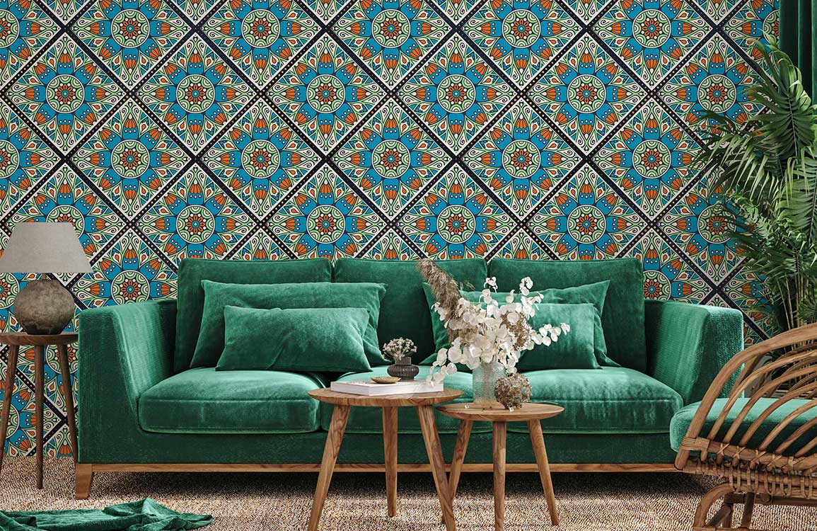 Vibrant Turquoise Mediterranean tile wallpaper with green velvet sofa, wood tables, textured rug, indoor plants.