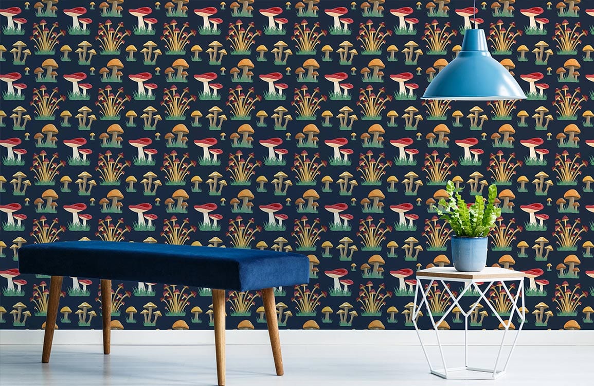 Vintage dark woodland mushroom pattern wallpaper, retro design; blue bench, modern lamp, light flooring.