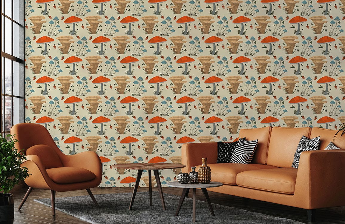 Whimsical forest mushroom wallpaper, earthy tones, leather sofa, modern chair, grey rug, living room.