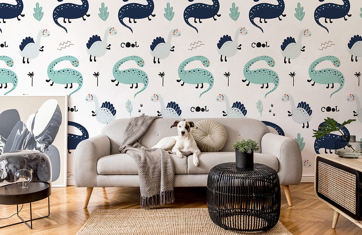 Playful dinosaur wallpaper in blue and mint with grey sofa, parquet flooring, and modern decor.