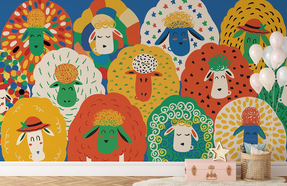 Colourful sheep wallpaper for kids' rooms, featuring vibrant whimsical design. Light wood flooring, nursery decor.