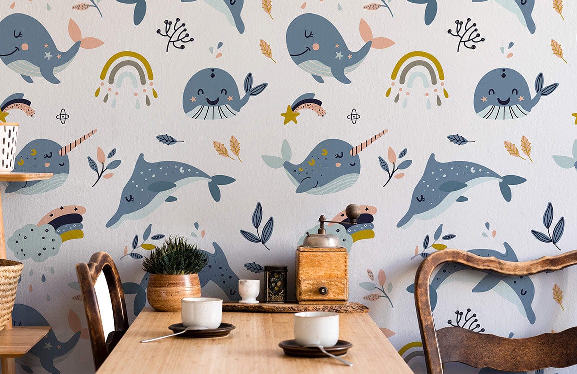Dreamy Ocean Whales Kids' Pastel Mural Wallpaper, dining room, wooden table and chairs, cosy decor.