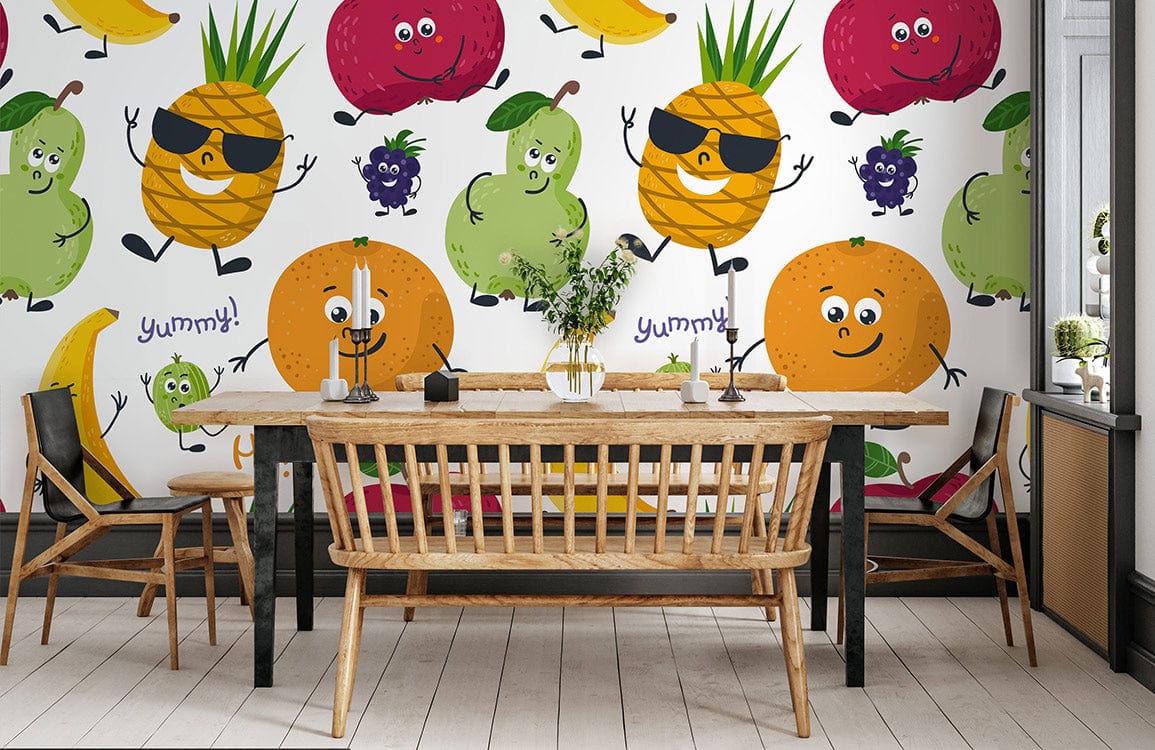 Playful fruit cartoon wallpaper in dining room with wooden chairs, light wood flooring, and decorative table.