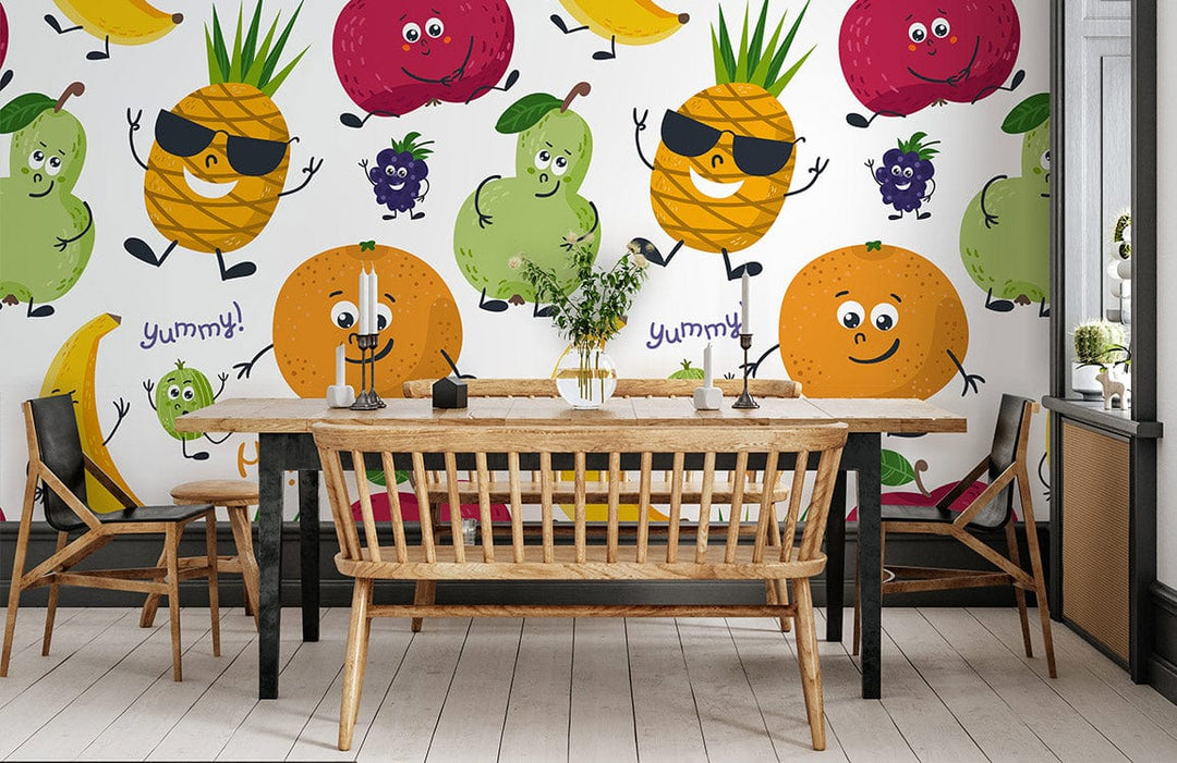 Playful fruit cartoon wallpaper in dining room with wooden chairs, light wood flooring, and decorative table.