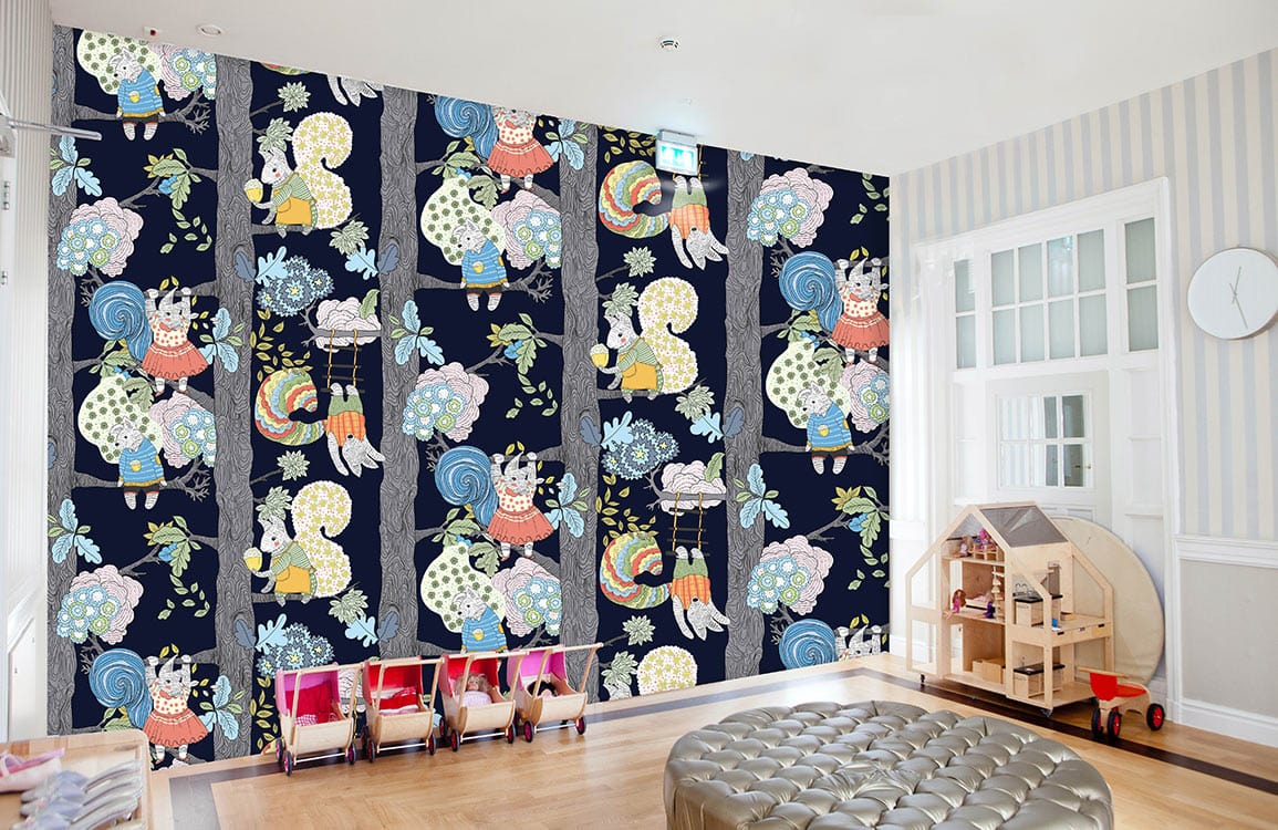 Whimsical nursery featuring navy woodland creatures wallpaper, pastel accents, with wooden flooring, children's room.