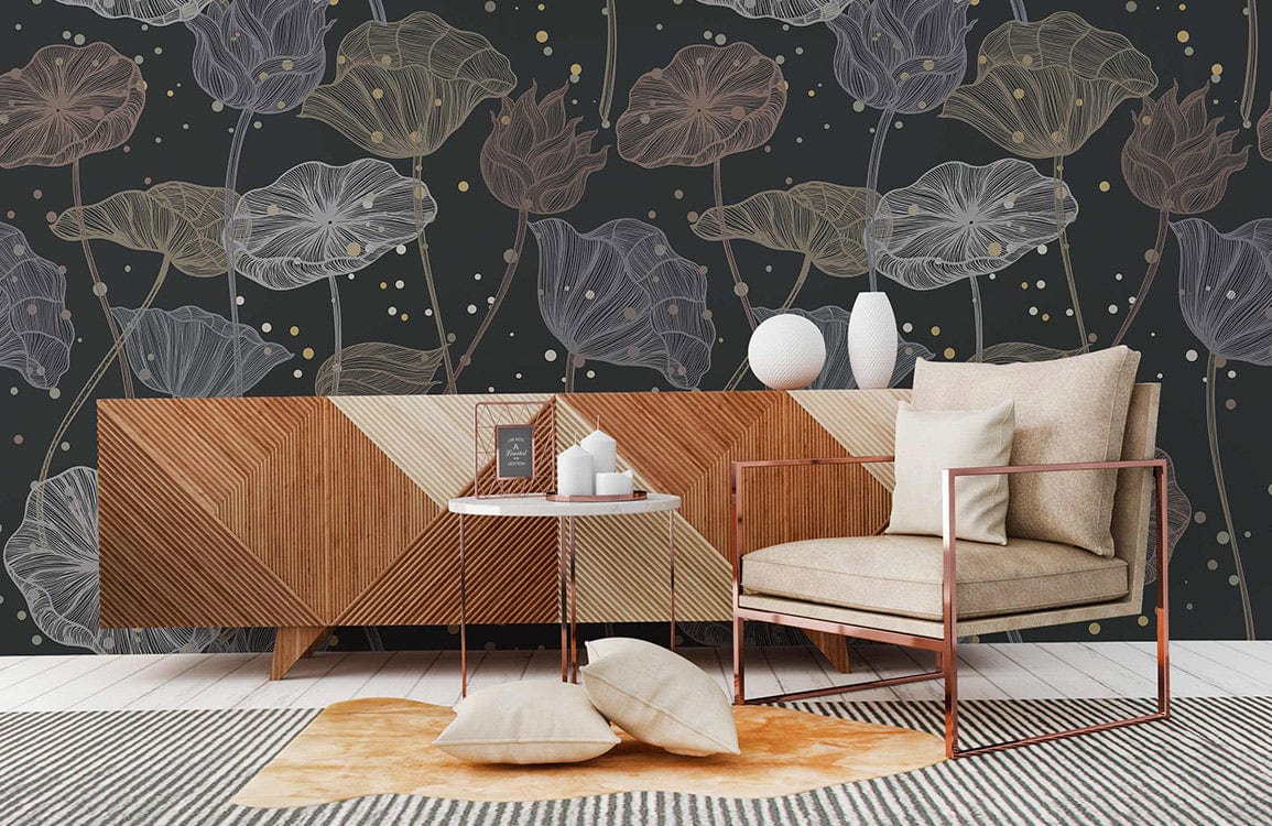 Elegant Dark Botanical Floral Pattern Wallpaper, wooden sideboard, modern chair, rug, earthy tones design.