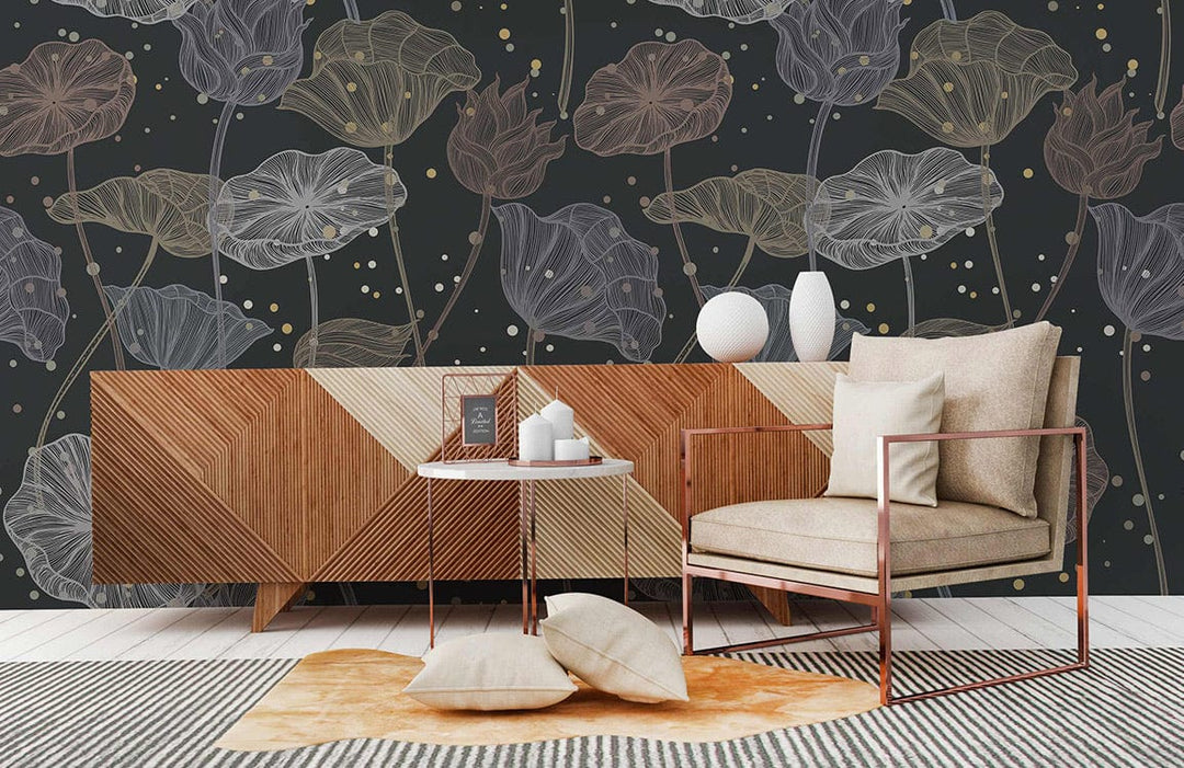 Elegant Dark Botanical Floral Pattern Wallpaper, wooden sideboard, modern chair, rug, earthy tones design.