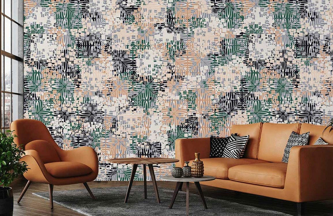 Abstract floral leaf pattern wallpaper in green, orange, and black tones in modern living room.