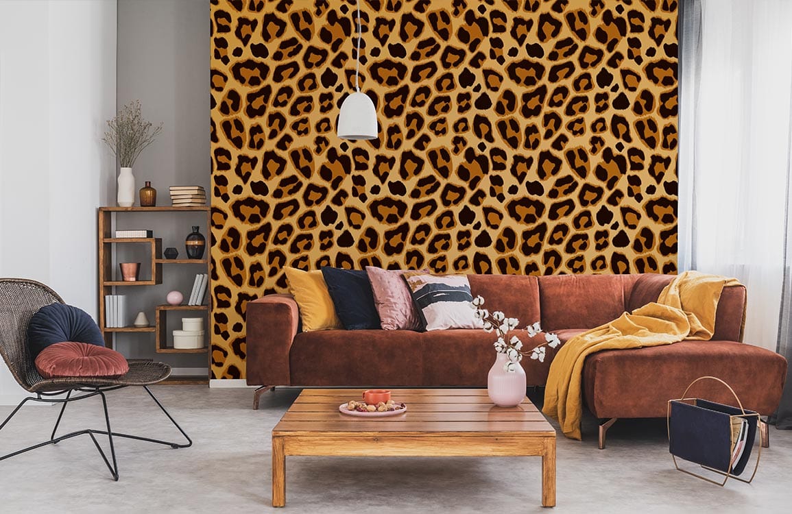 Luxury leopard print wallpaper with brown sofa, modern Décor, and light wood table in living room.