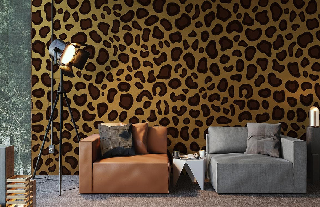 Luxury leopard print wallpaper in living room with brown leather sofa, grey fabric sofa, floor lamp.
