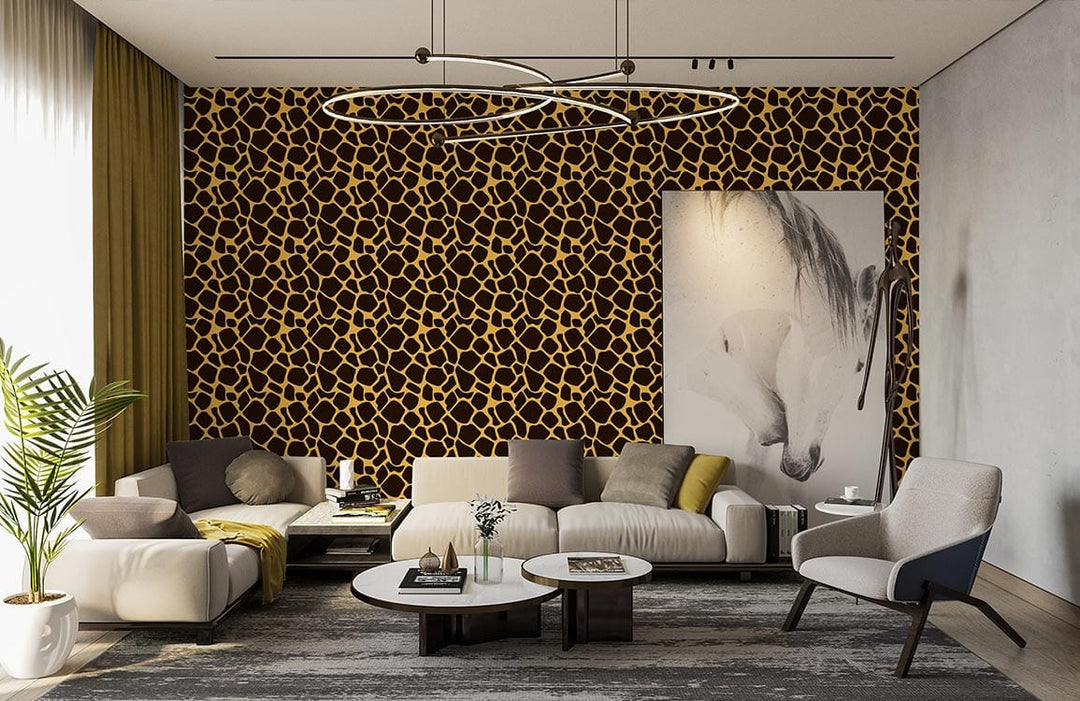 Luxurious gold and black geometric wallpaper with modern furniture in elegant living room setting.