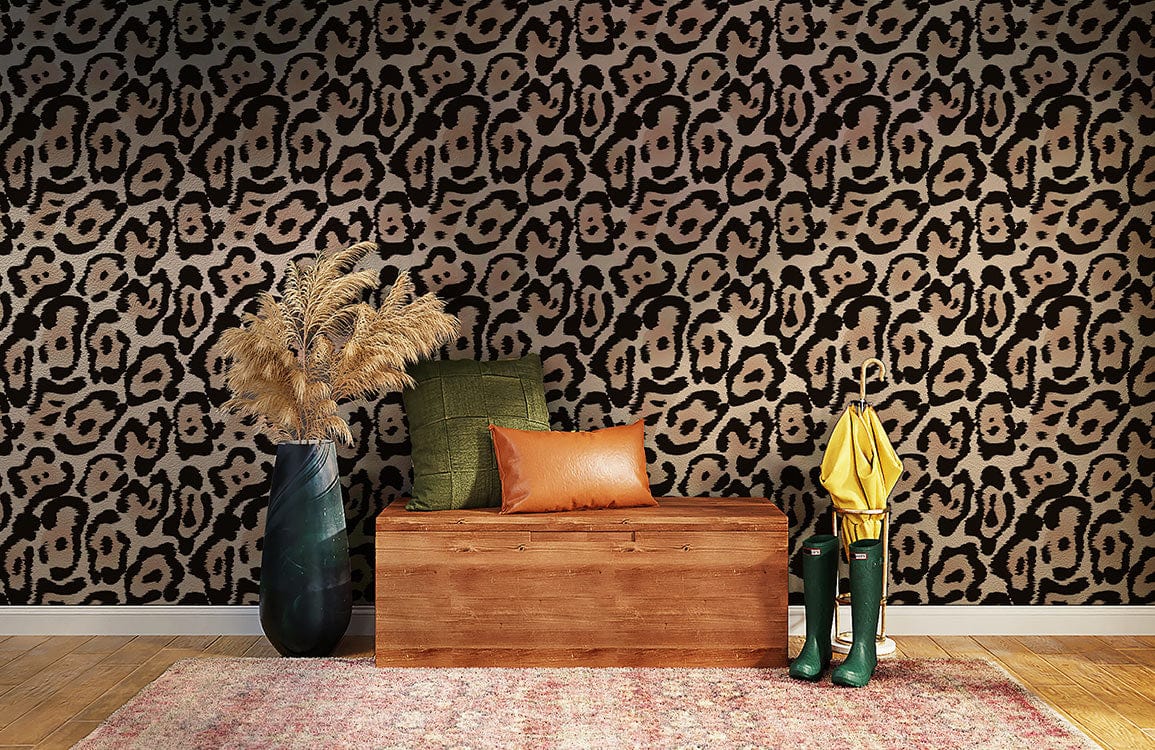 Elegant beige and black animal print wallpaper; contemporary foyer with wooden bench, rustic vase, colourful rug.