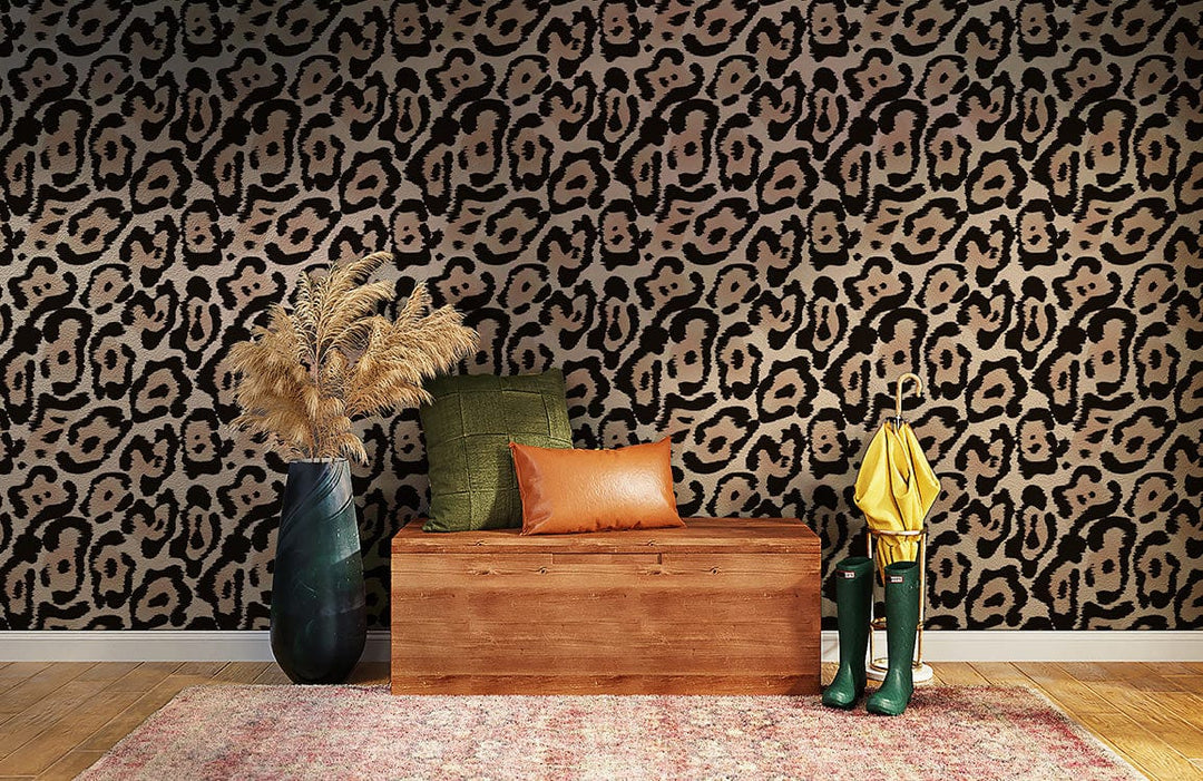 Elegant beige and black animal print wallpaper; contemporary foyer with wooden bench, rustic vase, colourful rug.