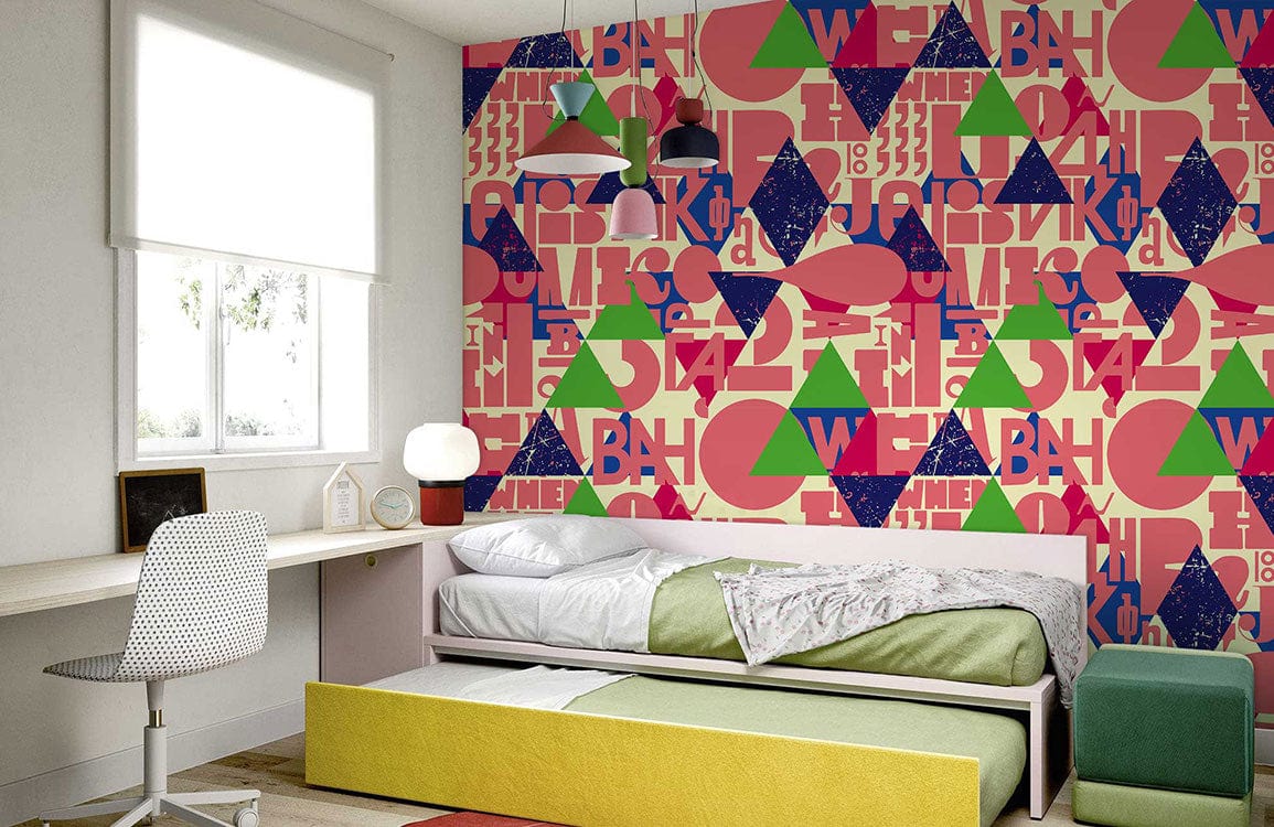 Vibrant retro geometric wallpaper in modern bedroom with white desk, minimalist bed, and yellow-green storage.